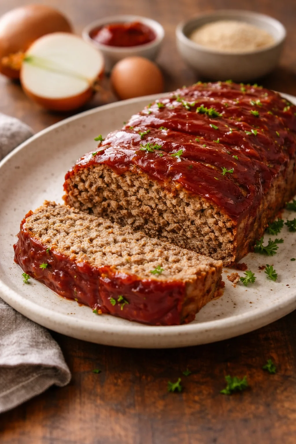Delicious classic meatloaf served with a side of mashed potatoes.