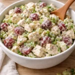 Delicious creamy chicken salad served in a bowl with fresh ingredients.