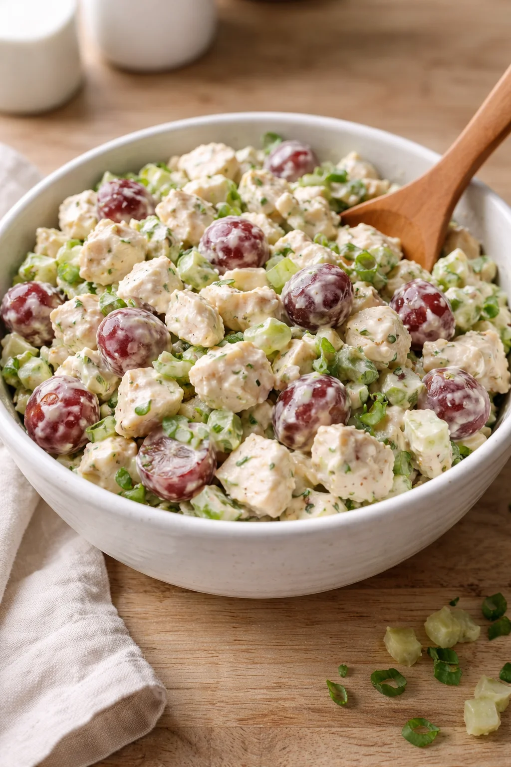 Delicious creamy chicken salad served in a bowl with fresh ingredients.