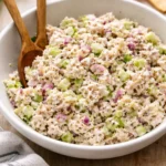 Creamy rotisserie chicken salad served in a bowl with fresh ingredients