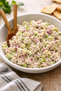 Creamy rotisserie chicken salad served in a bowl with fresh ingredients