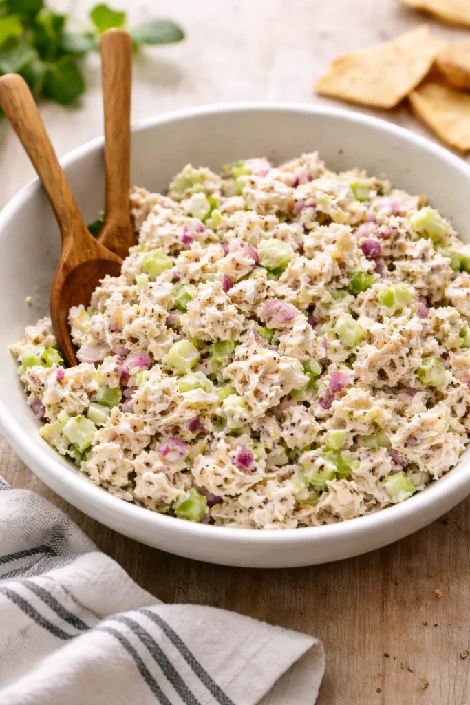 Creamy rotisserie chicken salad served in a bowl with fresh ingredients
