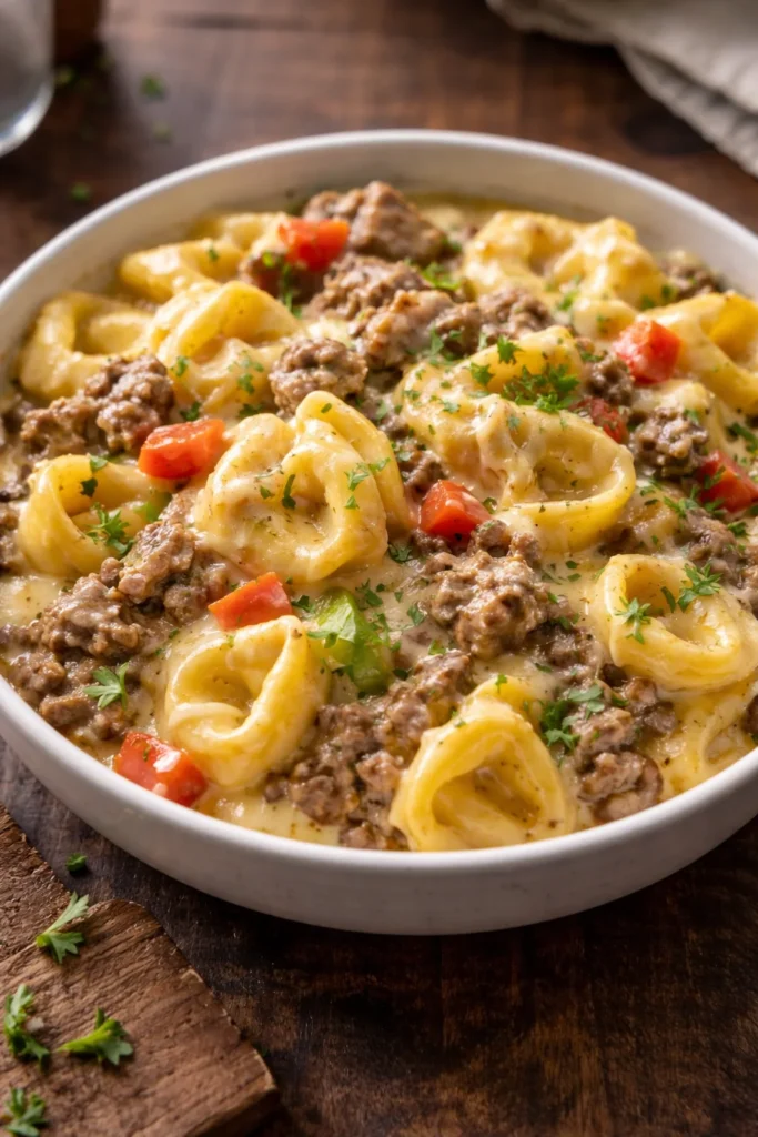 Delicious Crock Pot Cheesesteak Tortellini served in a bowl with fresh herbs.