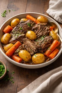 Delicious Crock Pot pot roast ready to serve with vegetables