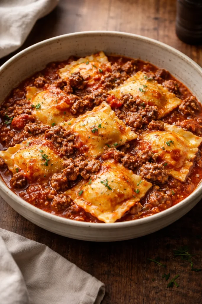 Delicious crockpot ravioli lasagna baked with layers of cheese and sauce