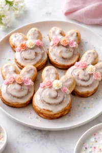 Easter Bunny cinnamon rolls decorated with icing and edible eyes