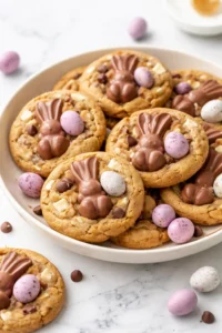 Delicious Easter chocolate cookies decorated with pastel colors and Easter themes