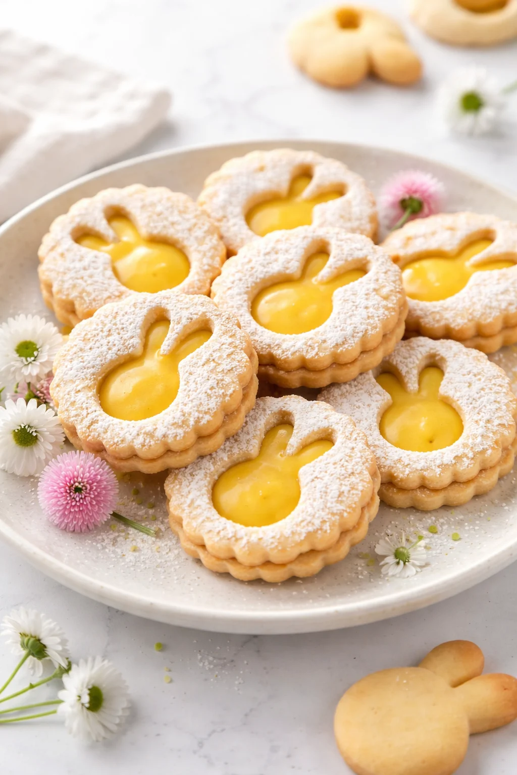 Easter Lemon Linzer Cookies decorated with yellow icing and edible flowers