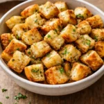 Homemade baked croutons golden brown, ready to enhance salads and soups.