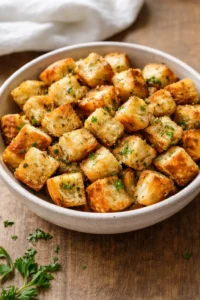 Homemade baked croutons golden brown, ready to enhance salads and soups.