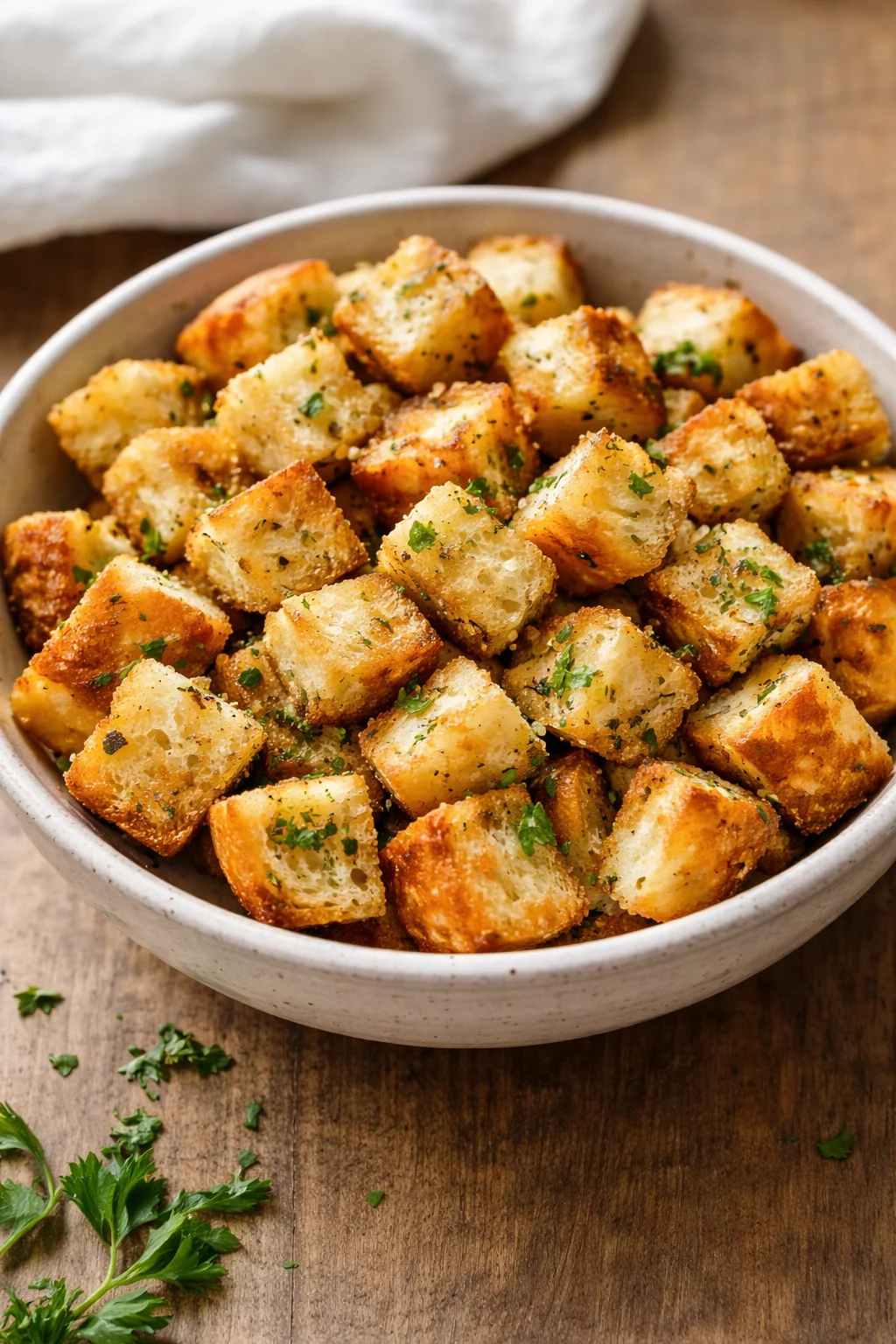 Homemade baked croutons golden brown, ready to enhance salads and soups.
