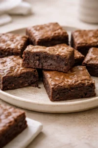 Delicious homemade brownies with chocolate ganache on a wooden table