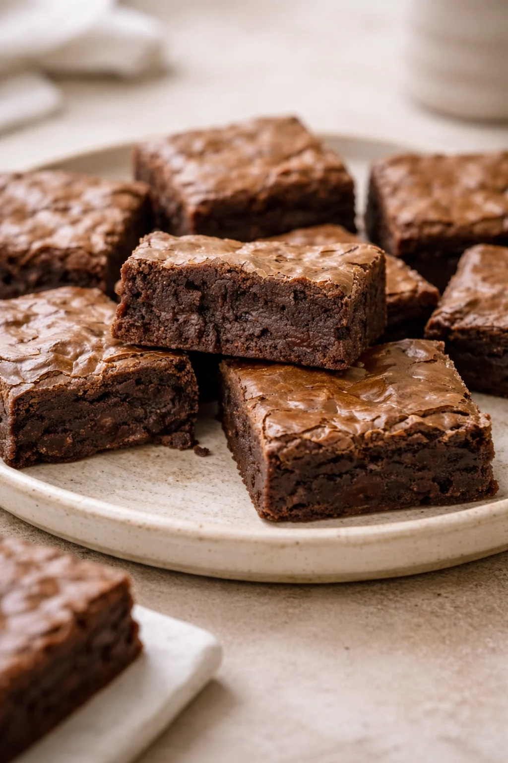Delicious homemade brownies with chocolate ganache on a wooden table