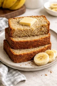 Loaf of easy moist banana bread with slices on a wooden cutting board