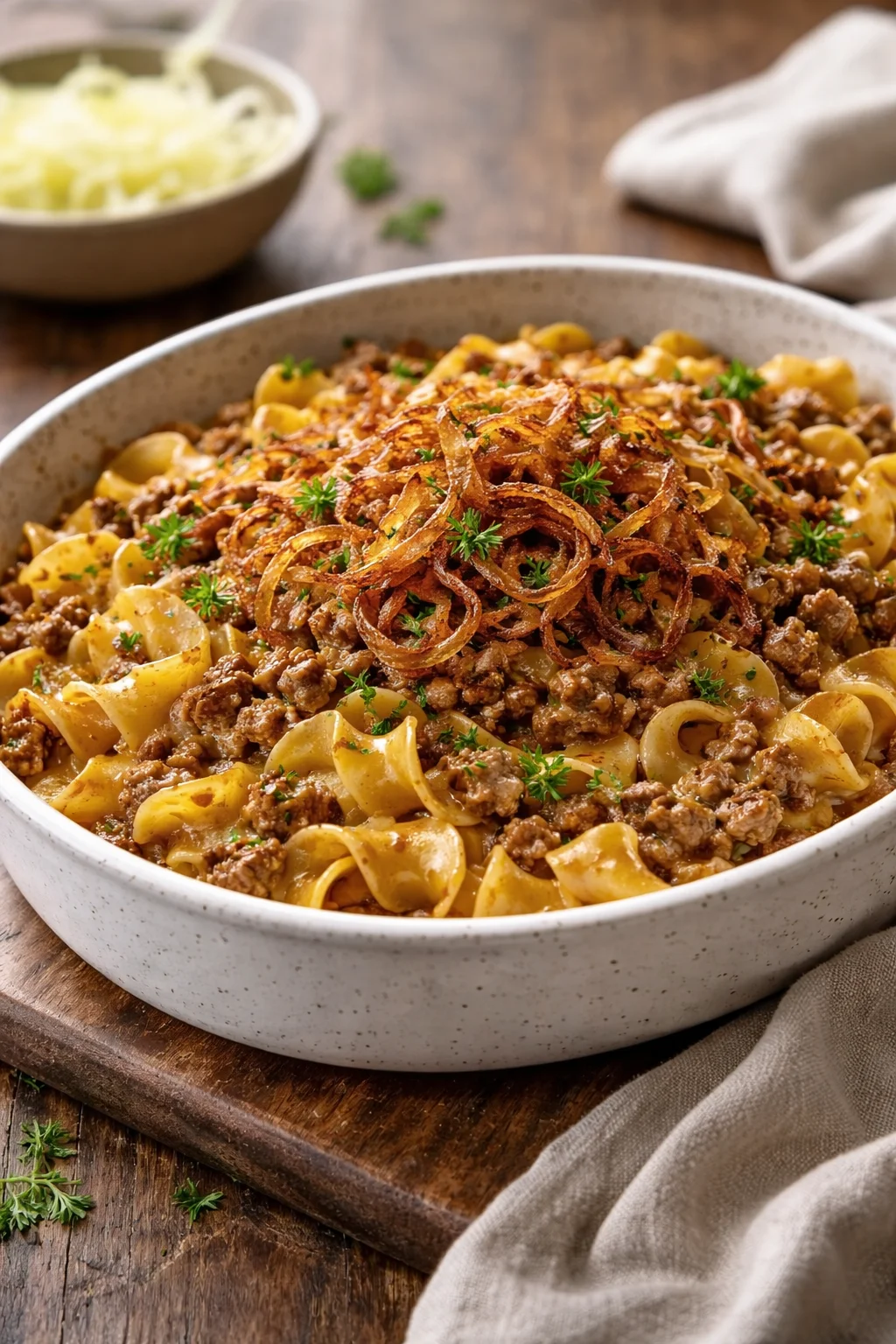Delicious Family French Onion Hamburger Casserole topped with cheese and onions