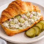 Bowl of flavored dill pickle chicken salad with pickles and chicken chunks