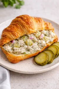 Bowl of flavored dill pickle chicken salad with pickles and chicken chunks