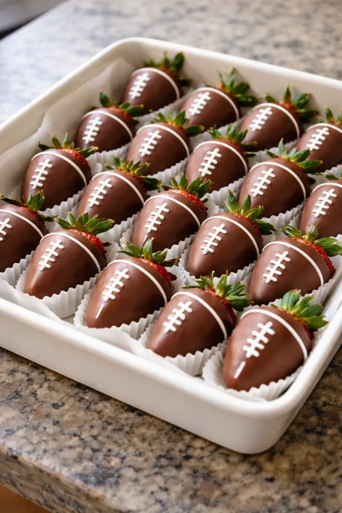 Football-themed chocolate-covered strawberries for game day celebrations.