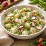 Fresh potato salad with colorful vegetables and herbs in a bowl