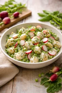 Fresh potato salad with colorful vegetables and herbs in a bowl