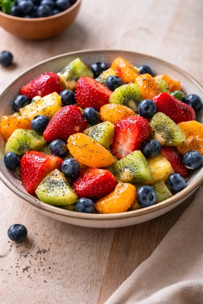 Fresh fruit salad topped with honey lime poppy seed dressing and colorful fruits