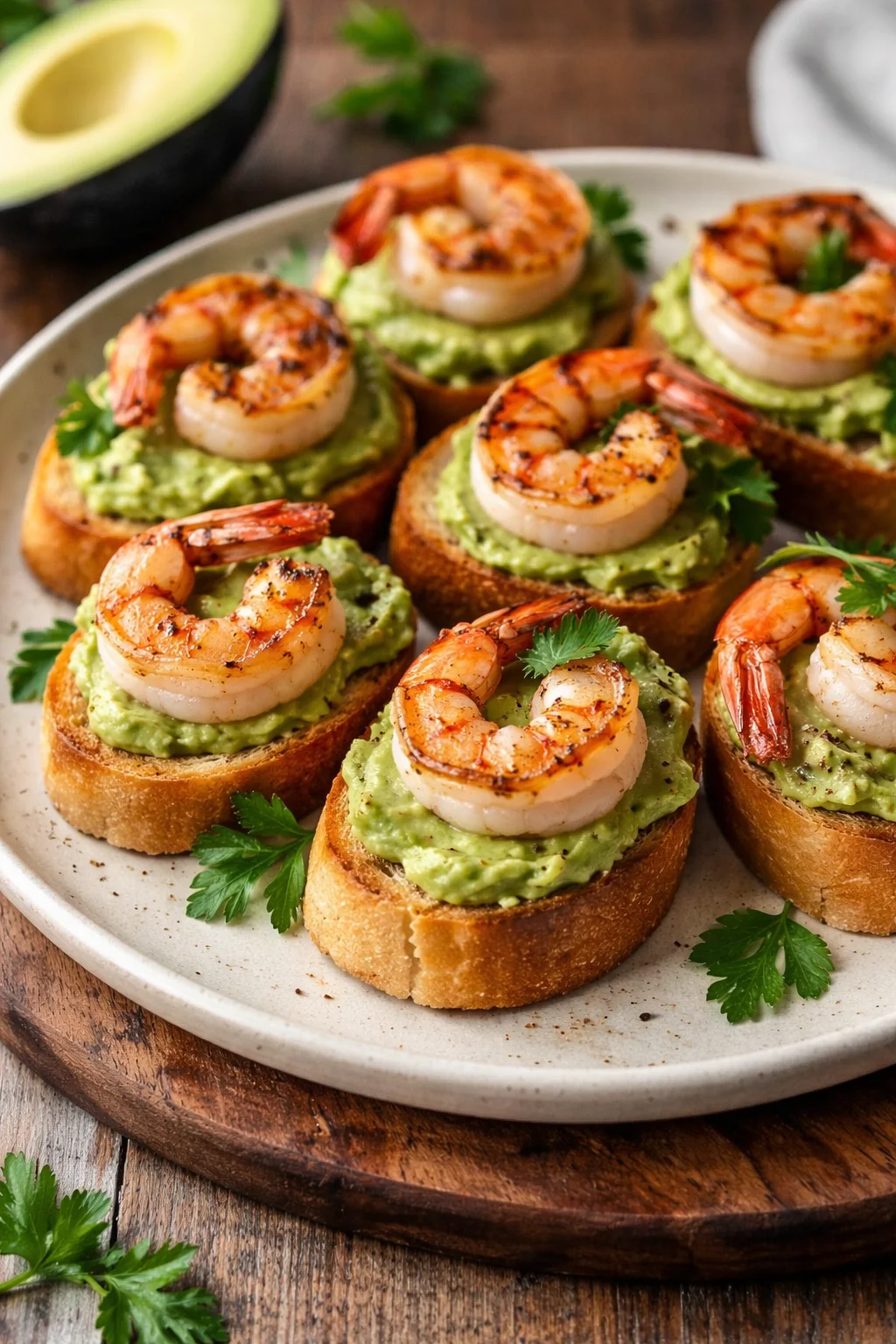 Garlic shrimp crostini topped with avocado on a serving platter