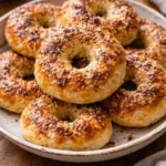 Freshly baked Greek yogurt bagels on a kitchen counter.