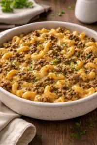 Ground Beef Hamburger Casserole in a baking dish, topped with cheese and herbs.