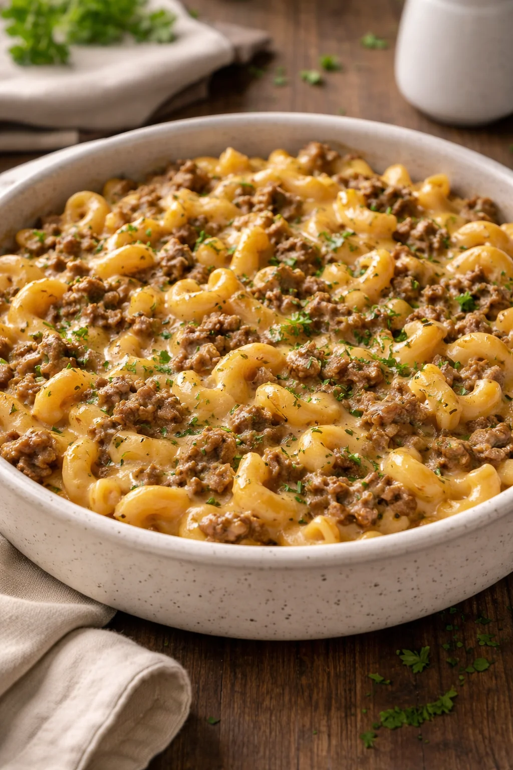 Ground Beef Hamburger Casserole in a baking dish, topped with cheese and herbs.