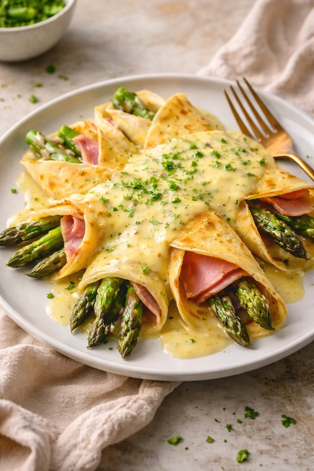 Ham and asparagus crepes served on a plate, garnished with herbs.