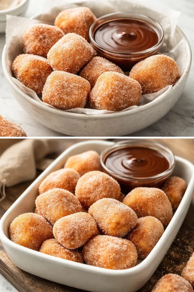 Delicious healthy air fryer churro bites served on a plate with cinnamon sugar.