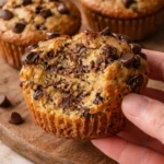 Healthy peanut butter banana muffins displayed on a wooden table.