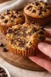 Healthy peanut butter banana muffins displayed on a wooden table.