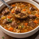 A bowl of hearty stovetop beef and barley soup garnished with parsley.