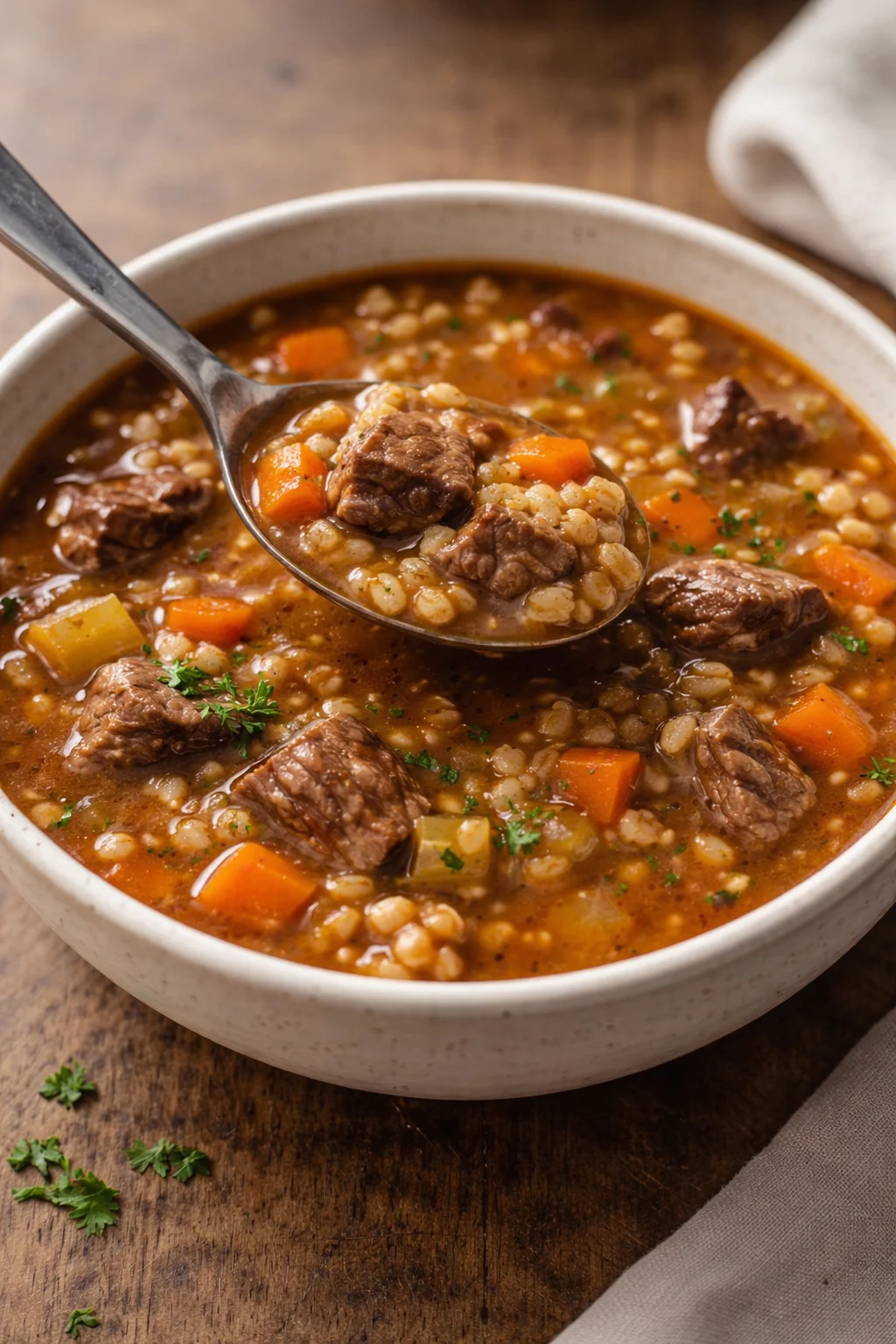 A bowl of hearty stovetop beef and barley soup garnished with parsley.