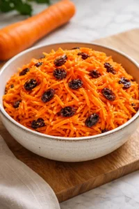 Bowl of homemade carrot raisin salad with fresh carrots and raisins