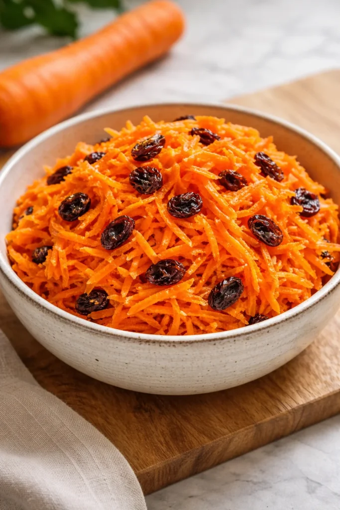 Bowl of homemade carrot raisin salad with fresh carrots and raisins