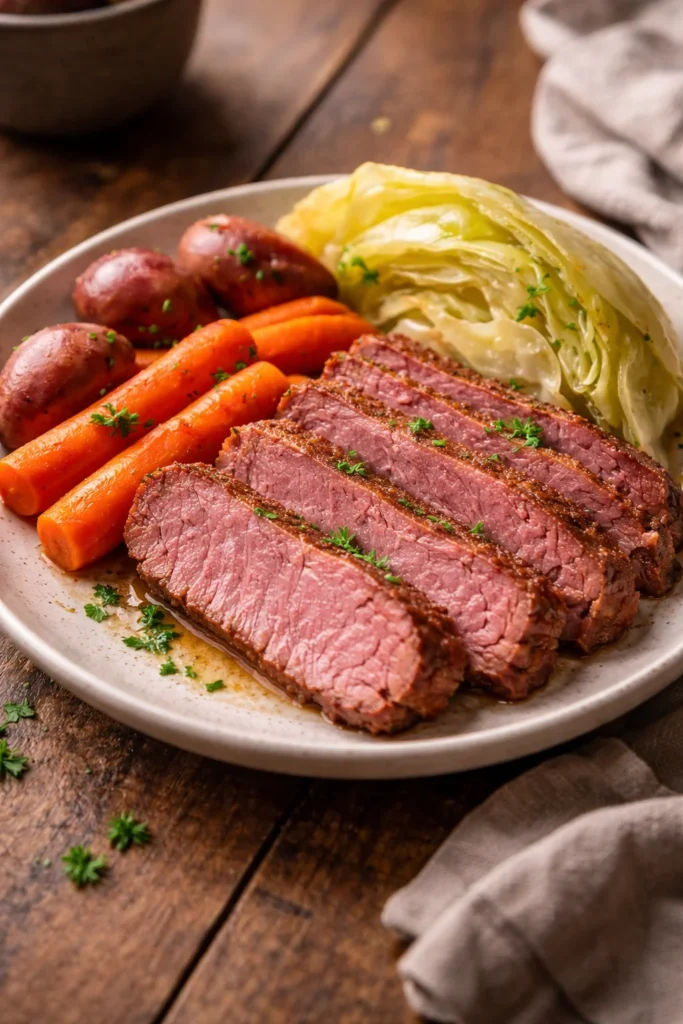 Delicious homemade corned beef and cabbage served on a plate.
