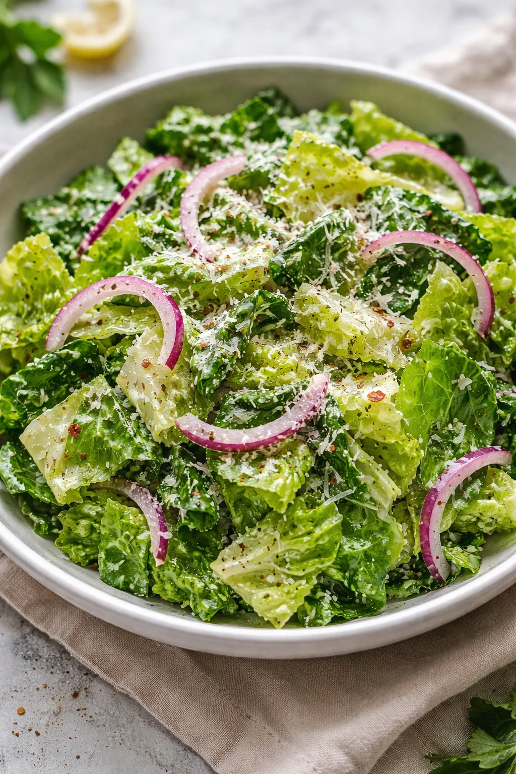 Delicious homemade Parmesan chopped salad with fresh vegetables and cheese.