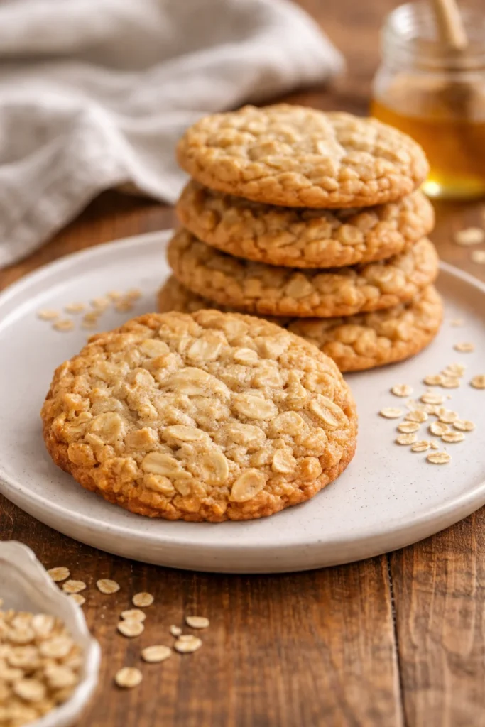 Freshly baked honey oatmeal cookies on a cooling rack
