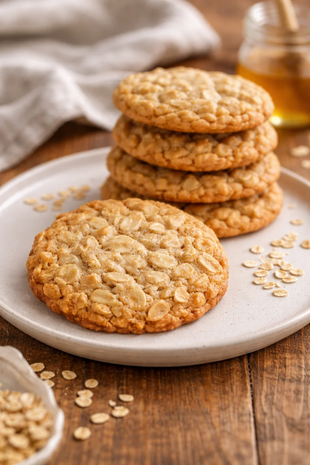 Freshly baked honey oatmeal cookies on a cooling rack