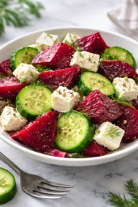 Delicious beet feta salad with fresh ingredients served in a bowl