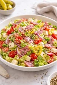 A vibrant bowl of Italian Grinder Salad with fresh vegetables and meats.