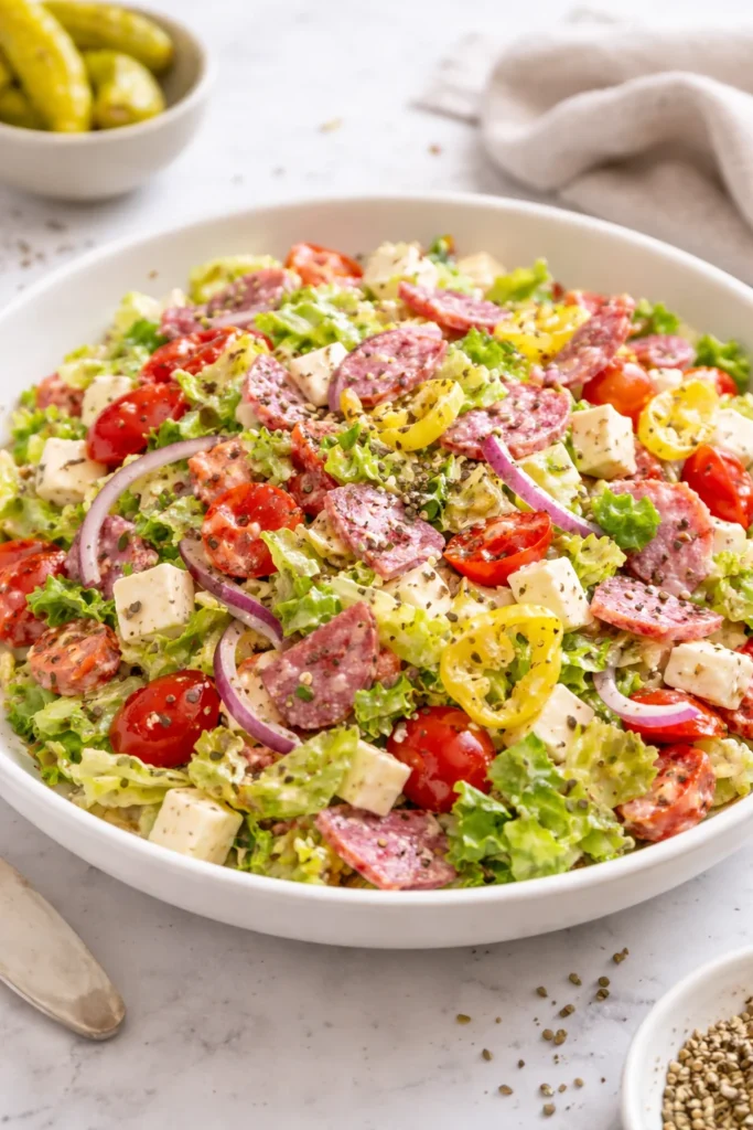 A vibrant bowl of Italian Grinder Salad with fresh vegetables and meats.