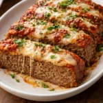 Delicious Italian Meatloaf served with marinara sauce and herbs