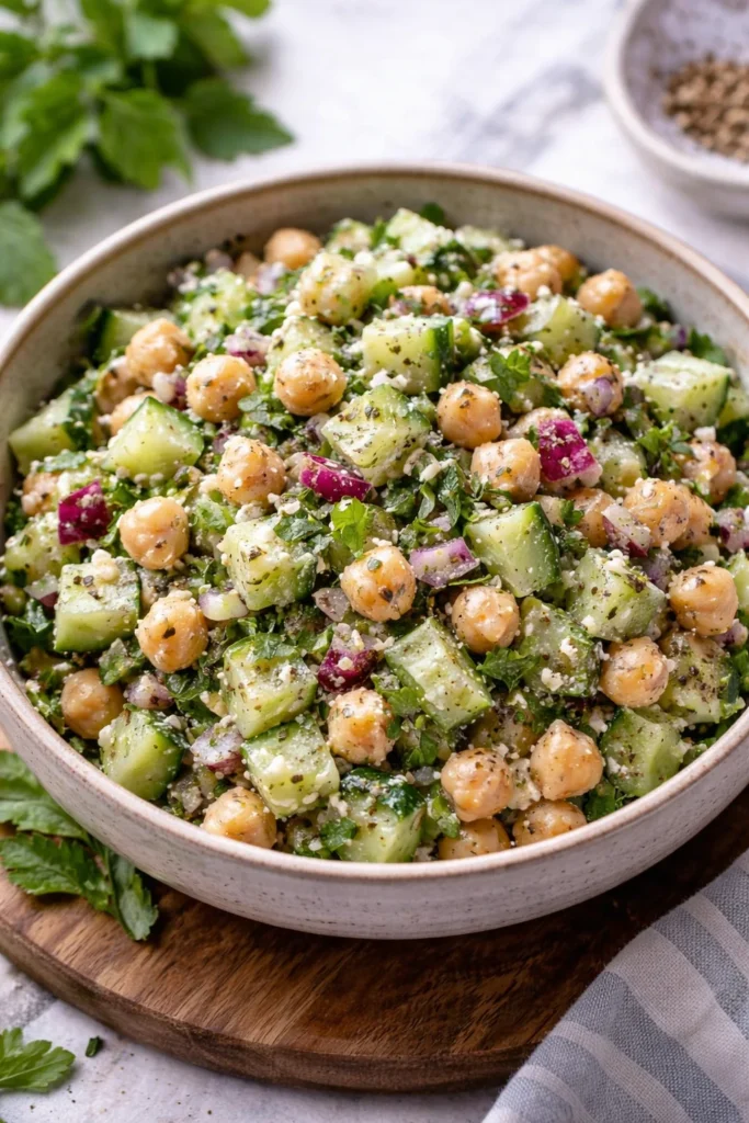 Plate of vibrant Lemon Greek Salad with vegetables, feta cheese, and lemon dressing