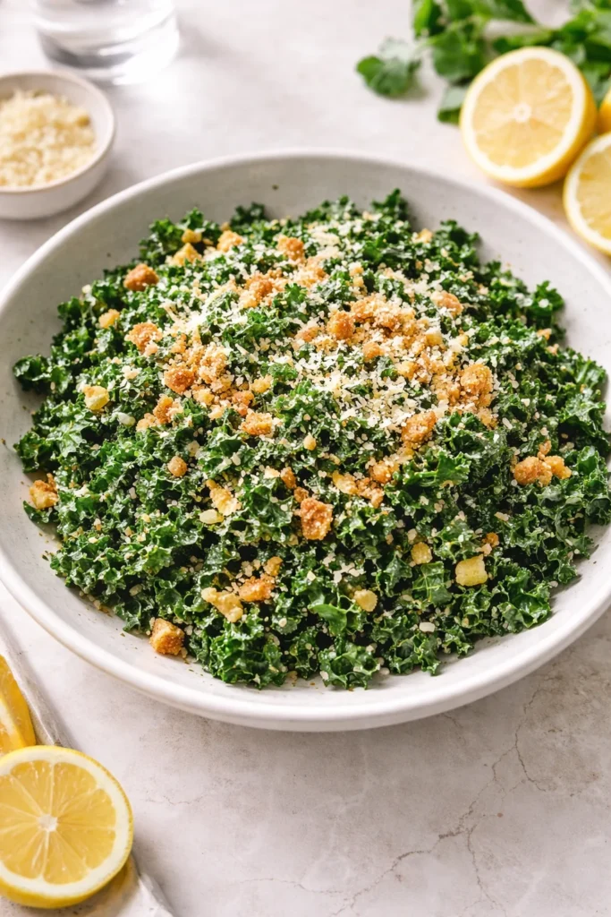 Delicious Lemon Parm Kale Salad with bright lemon, parmesan, and fresh kale