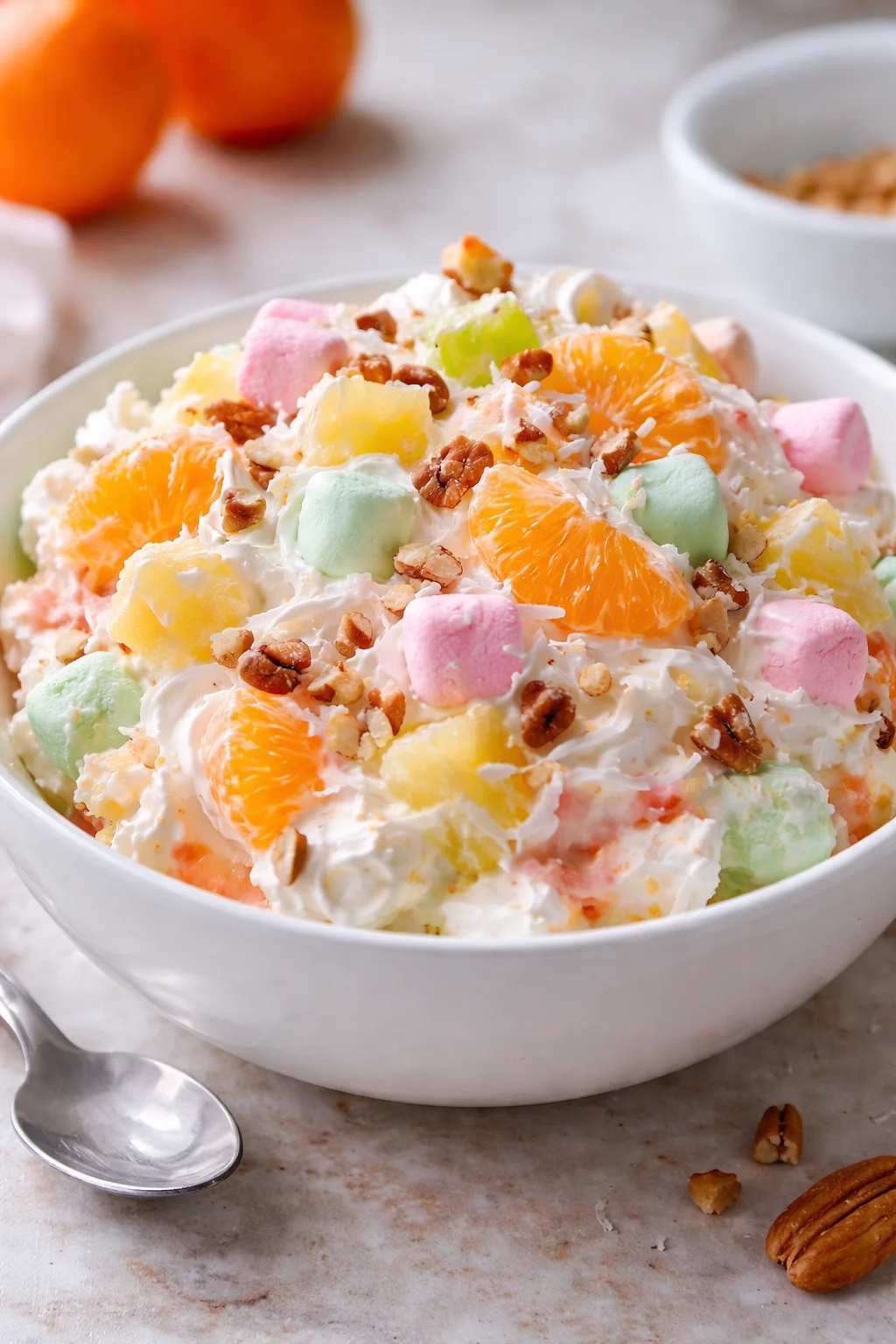 Delicious Marshmallow Ambrosia Fruit Salad with colorful fruits and marshmallows