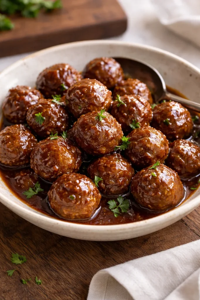Delicious meatballs served with grape jelly and chili sauce for a savory snack