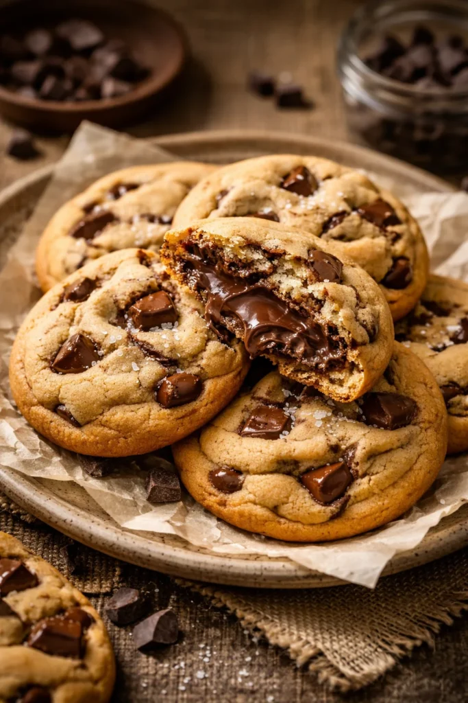 Nutella stuffed chocolate chip cookies on a baking tray